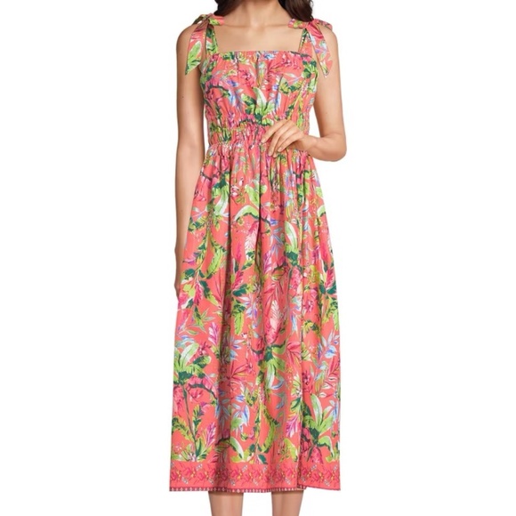 Lands End Textured Tie Shoulder Floral Midi Cotton Dress Sz L - Picture 1 of 11